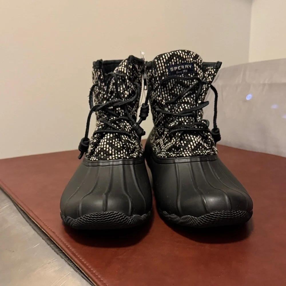 Sperry Black and White Patterned Winter Boots